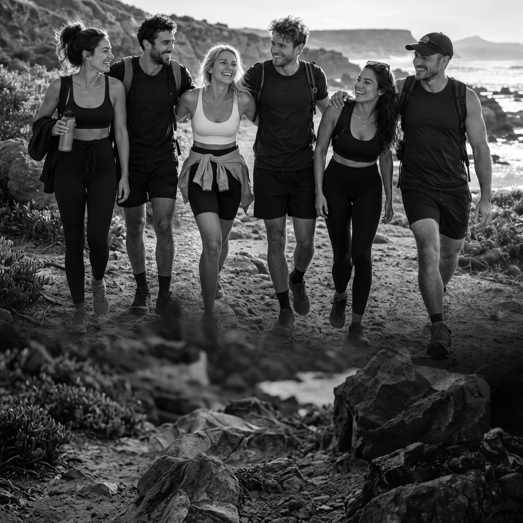 Six friends walking together beside the coast